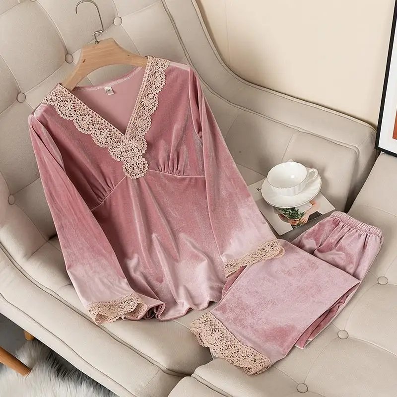 Velvet Pajamas Women Autumn Winter Sleepwear Long Sleeve Casual Nightwear Pyjamas Suit Loose Home Clothes Lace Trim Sleep Set