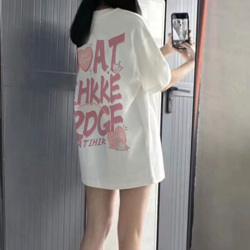 Pink front back print loose half sleeve long T-shirt TS2698