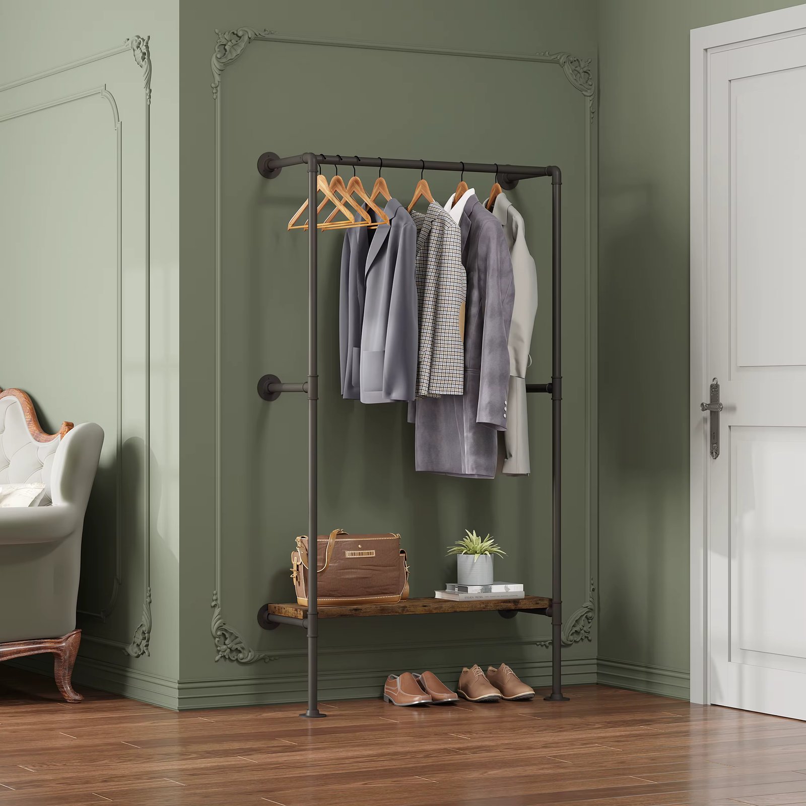 Clothes Closet Wall-Mounted Clothes Rack for Dressing Room Steel Tube Industrial Style MDF Shelf Organizer