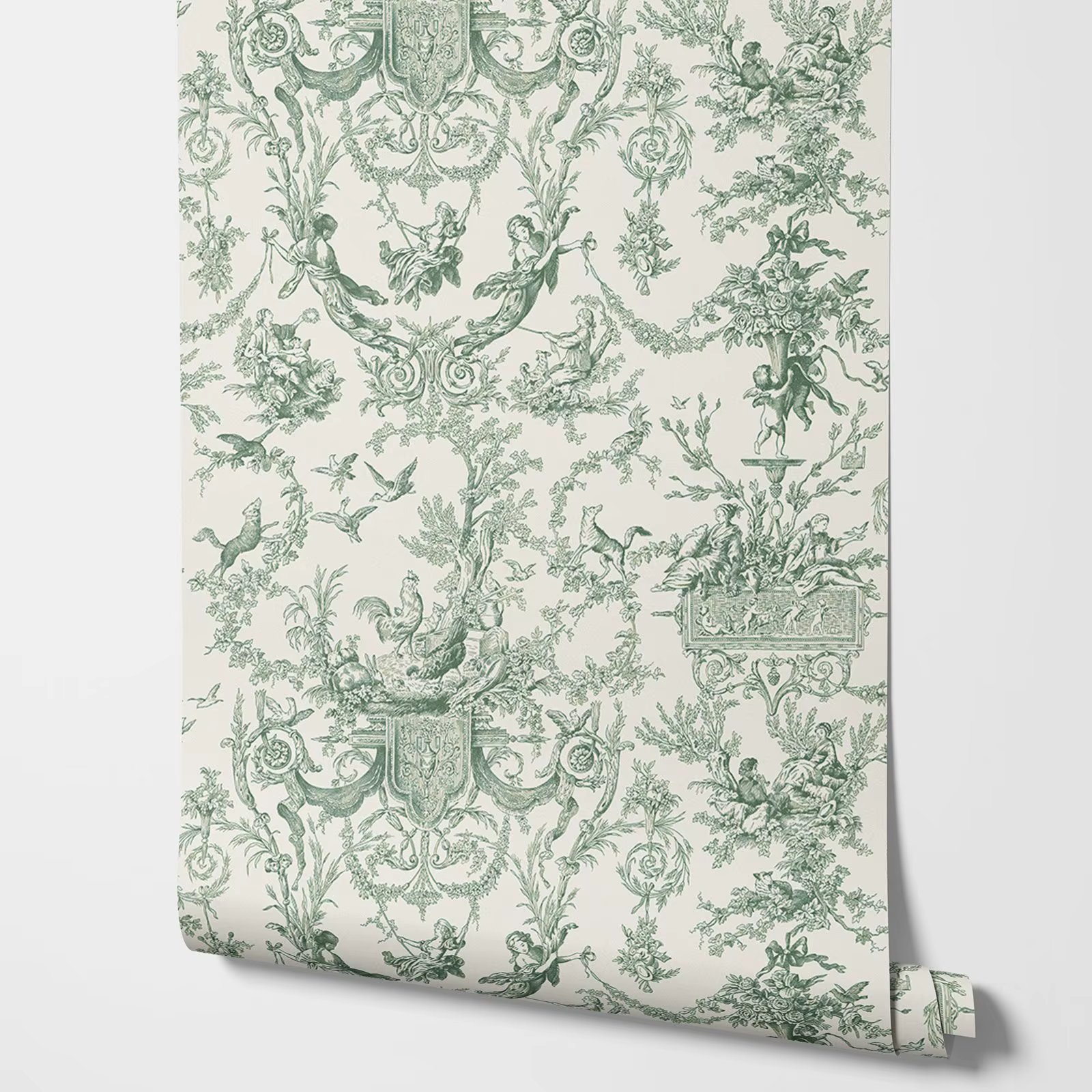 Vintage Green toile Wallpaper, Vintage festoons of flowers toile de jouy Wallpaper in Green and Beige backolor