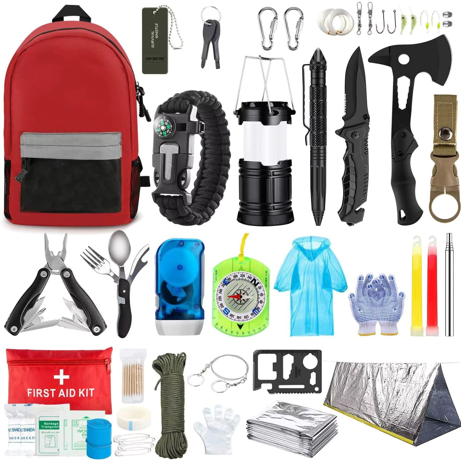 Emergency Survival Tool 101Pcs Camping Equipment Survival Gear First Aid Kit Outdoor Trauma Bag with Axe Flashlight Knife Pliers