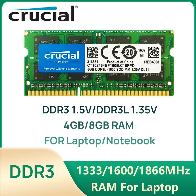 Crucial Laptop Memory DDR3L 1.35V/ DDR3 1.5V 1333 1600 1866 MT/s MHz 4GB 8GB RAM 204pin SO-DIMM Memory Stick for Laptop Notebook