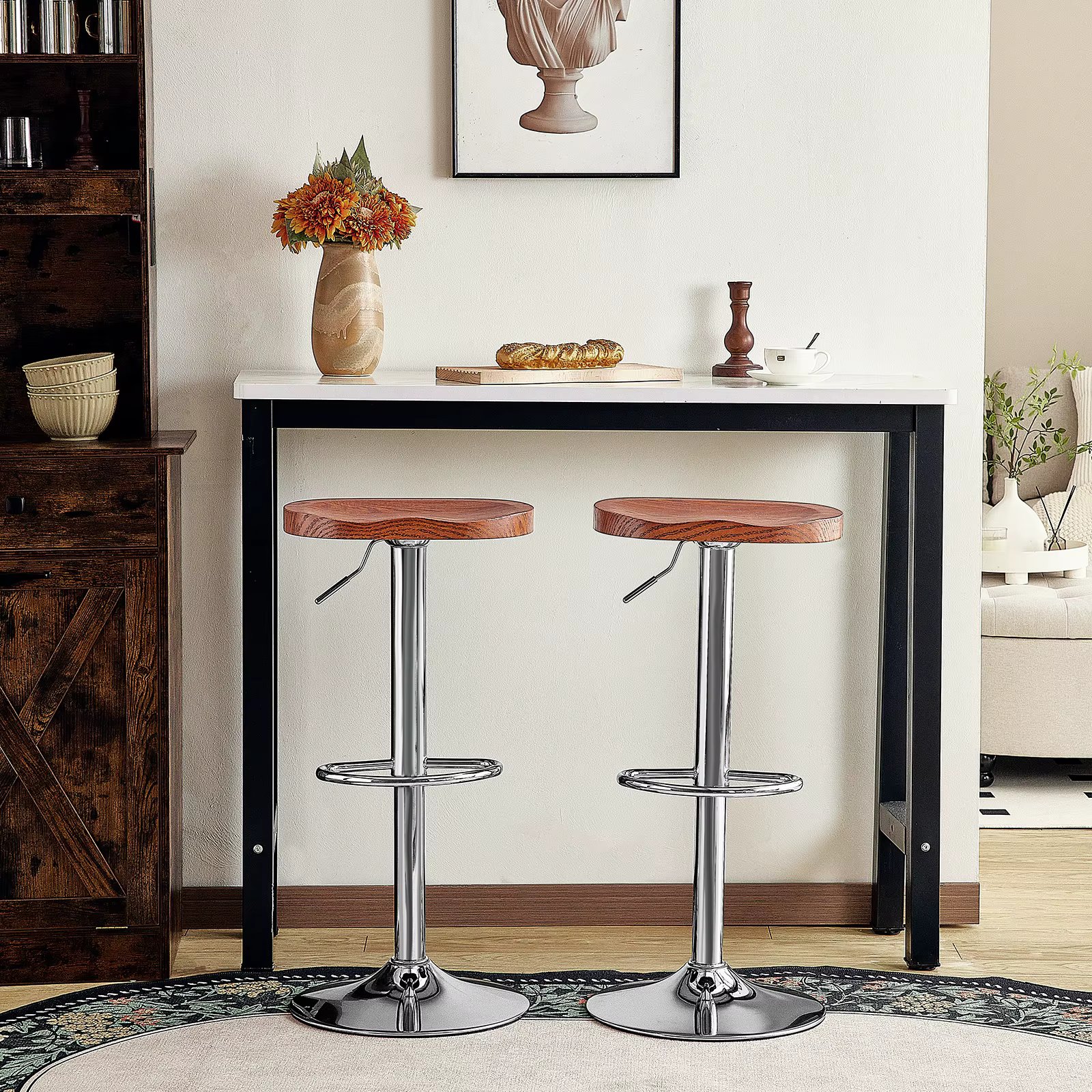 Redlife Modern Bar Stools Set of 2, Swivel Adjustable Height Bar Stool Wooden Bar Chairs for Dining Room Home Bar Kitchen Island