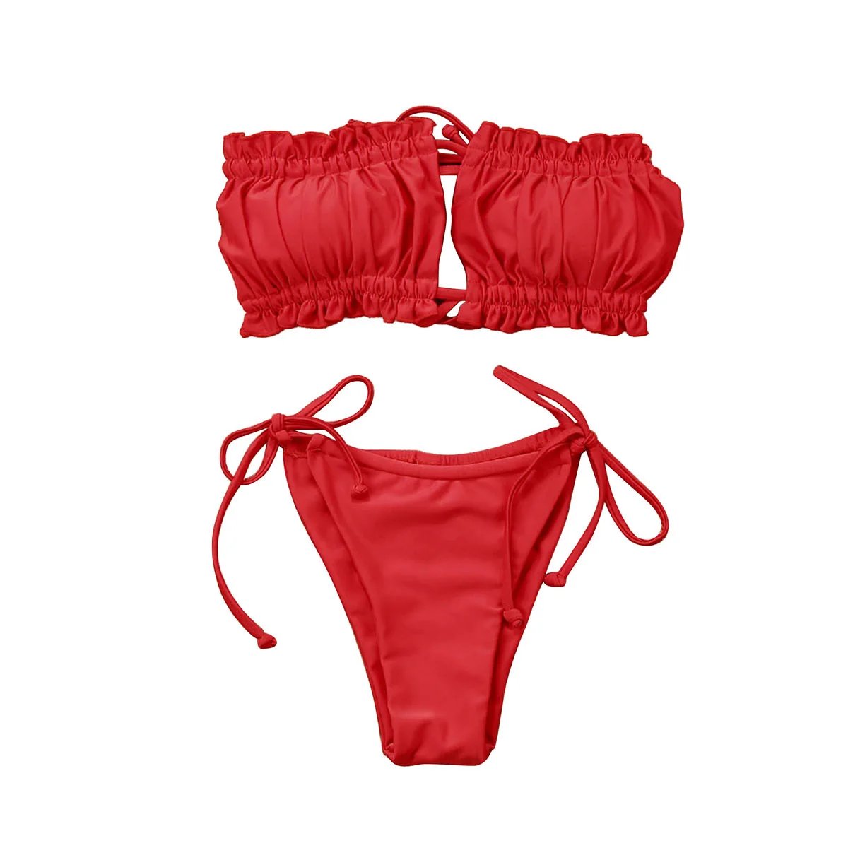 2024 Push Up Padded Women Swimwear Bathing Suit Hirigin Sexy Straples Ruffles Bandage Women Bikini Set Pure Color Summer wear