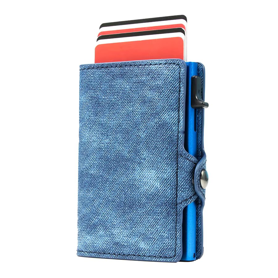 CASEKEY Slim Minimalist Denim Leather Pop Up Coin Purse Wallet Rfid Money Bag Aluminum Metal Smart Card Holder for Men Women
