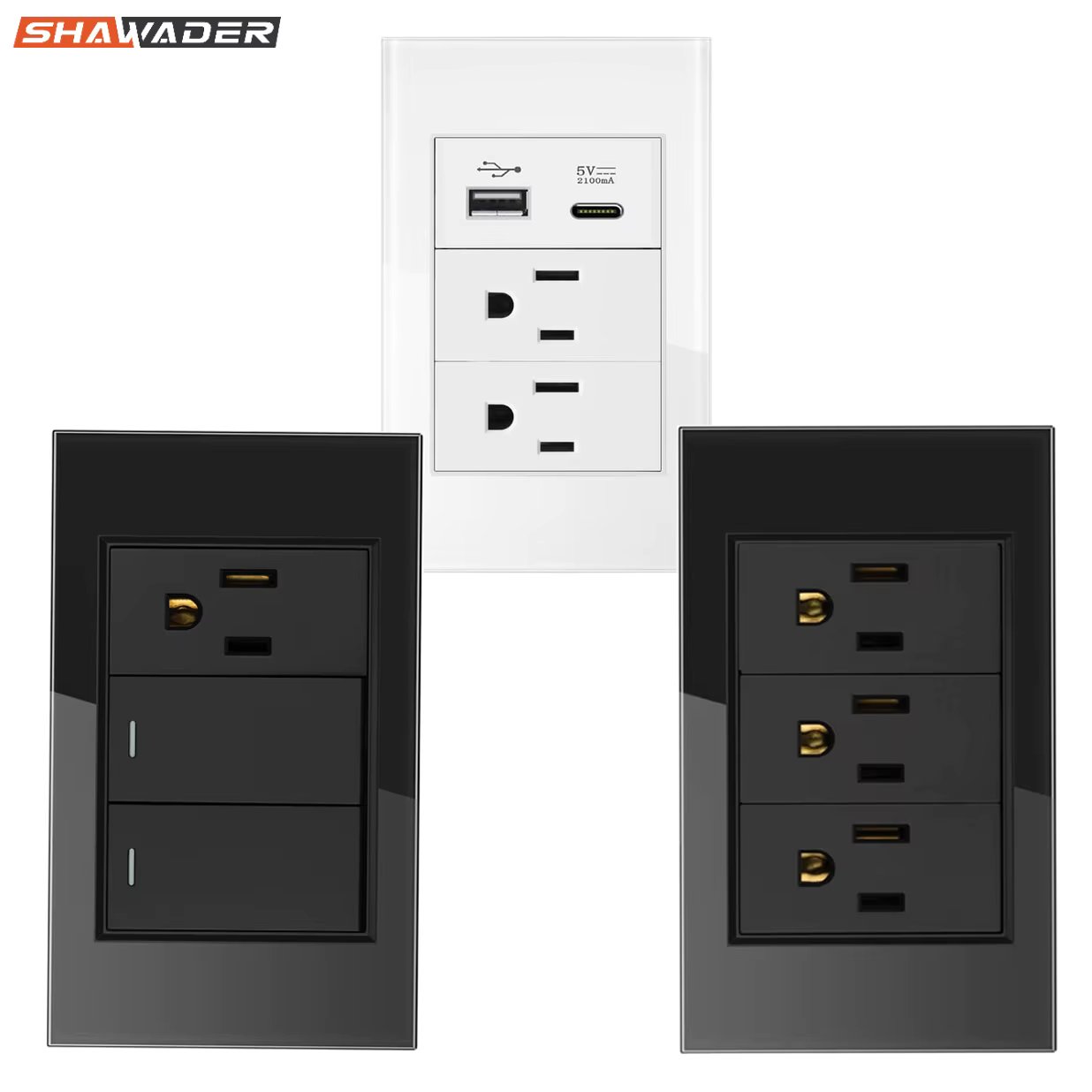 Electric Power Wall Socket Double/ Triple 2/3 Pole Glass Panel Outlets Plate US Modular Mounted Dual USB Type C Charger Adapter