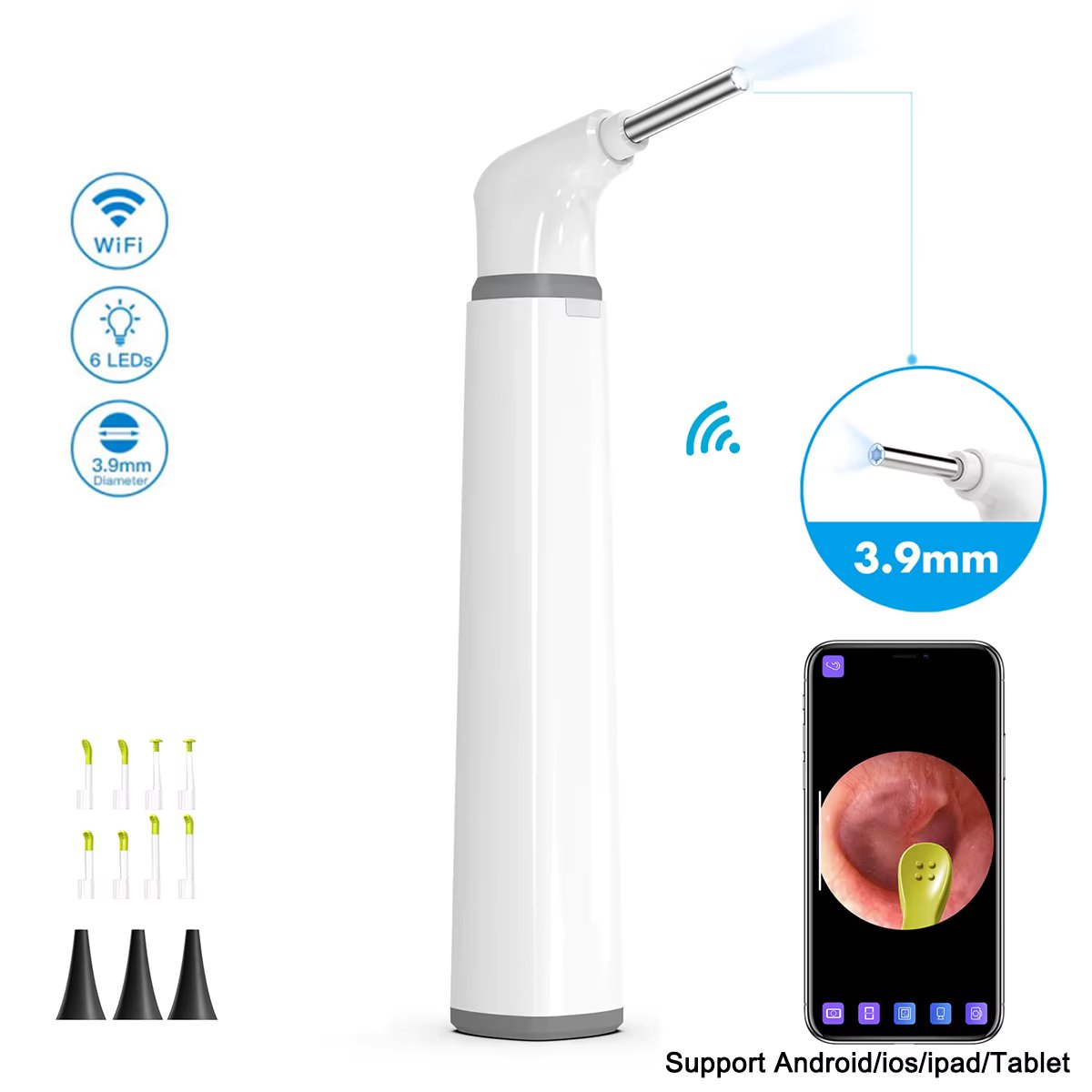 Wireless Otoscope Ear Camera 3.9mm 1080P HD WiFi Ear Scope with 6 LED Lights for Kids and Adults Support Android and iPhone