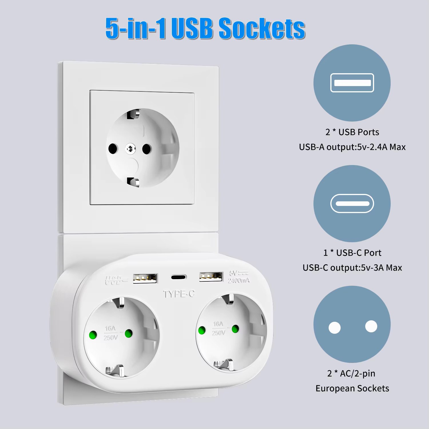 USB Socket EU Electrical Outlets Converter, Double Plug Schuko Germany DE Standard Wall Plate European Power Adapter White