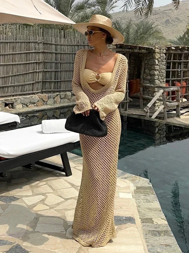 Sexy U Neck Bell Sleeve Knit Maxi Dress Summer 2024 Women Swimwear Feminine Bikinis Cover-ups Holiday Crochet Beach Outfit K21