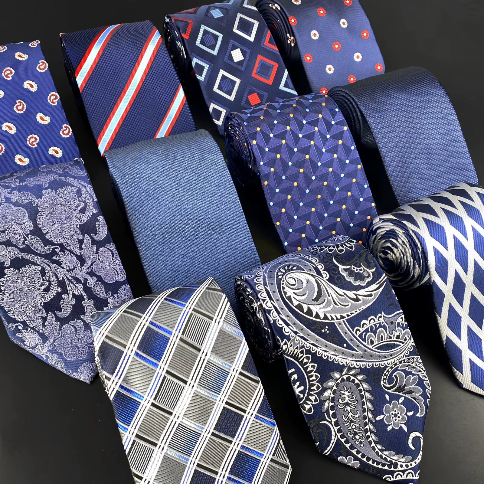 Navy Silk Ties for Men Extra Long Neckties Paisley Solid Blue Stripes 63" 160cm Business Dropshipping