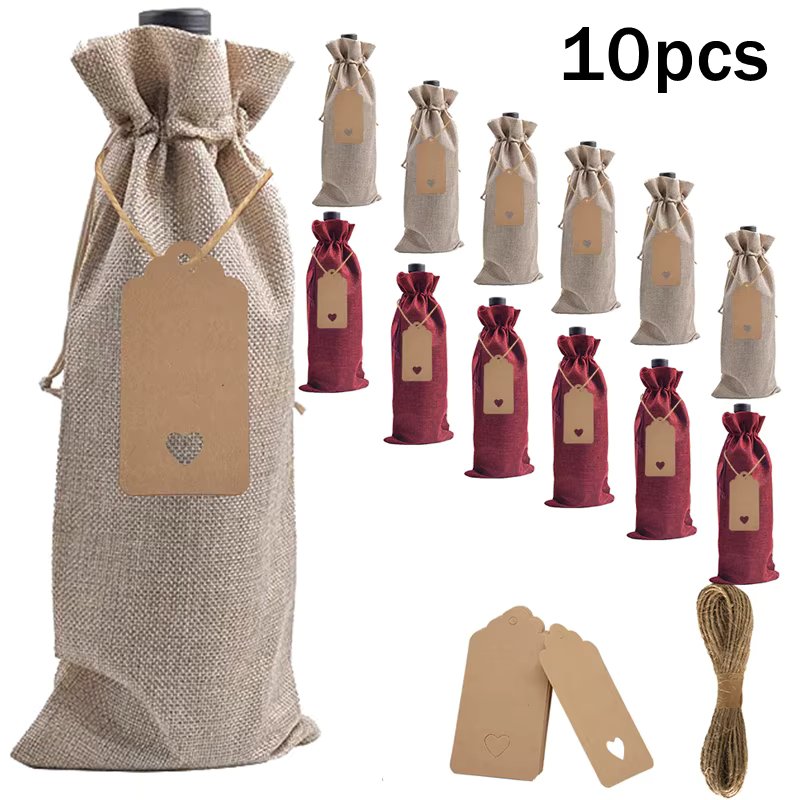 10 Pieces Burlap Wine Bags Jute Wine Bottle Bags with Drawstrings Reusable Wine Gift Bags with Tags for Party Blind Tasting Birt