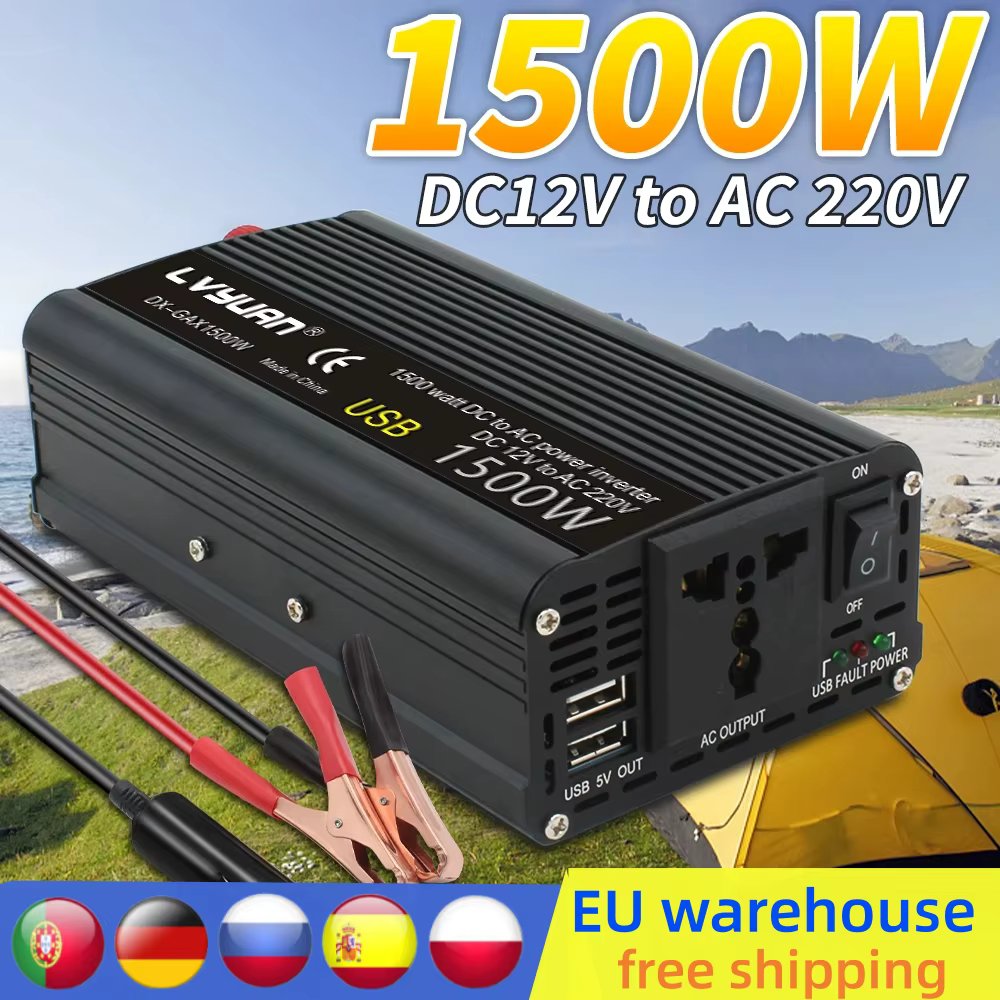 Inverter DC 12V to AC 220V 230V 1500W/4000W Voltage Converter Dual USB Universal EU Socket Solar Power Inverter Auto Accessories
