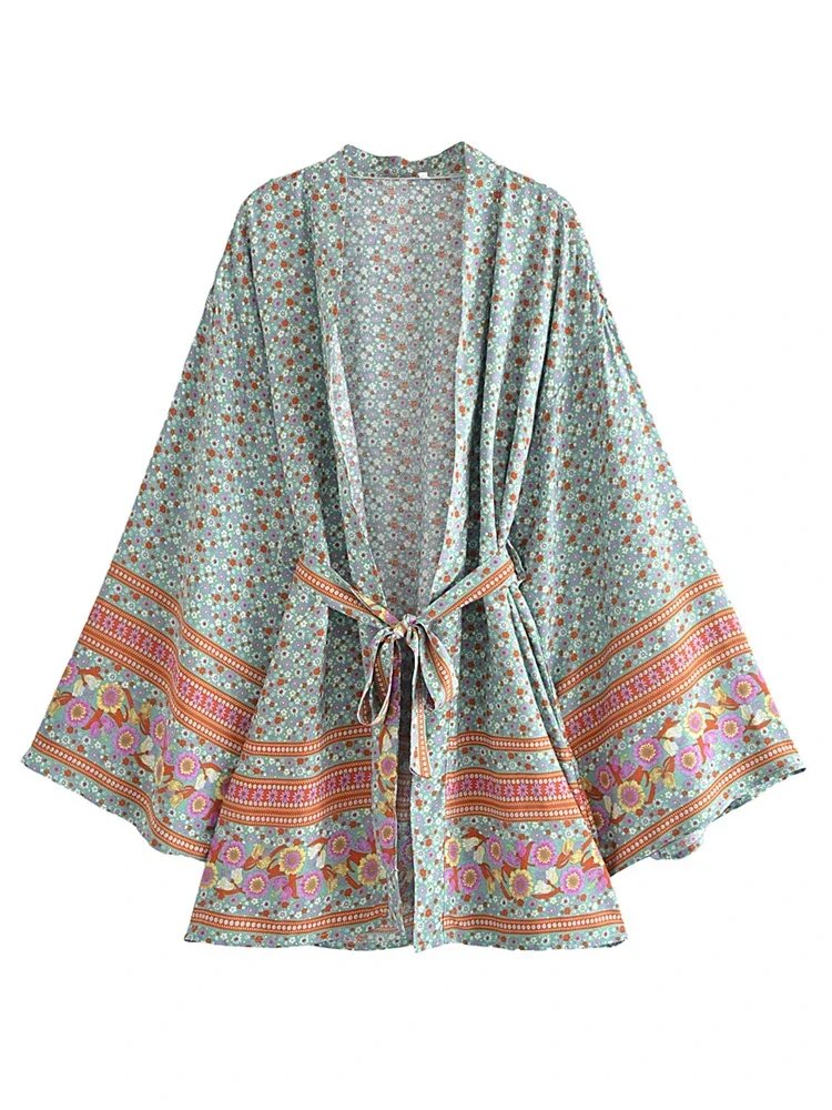 Green Floral Print Sashes Kimono Beachwear Women Batwing Sleeves Happie Bohemian Short Robe Boho Bikini Cover-ups Swimsuits