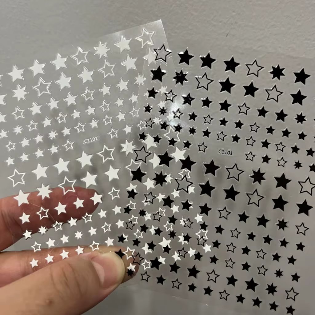 Black White Star 3D Nail Art Sticker Y2K Pentagram Self-Adhesive Decals Laser Shiny Glitters Starlight Manicure Ornaments Slider