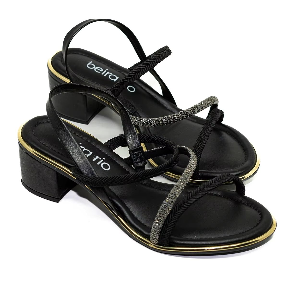 Women's Black Thick Block Heel Sandals Rhinestone Black Rhinestone Light Strips with Shine