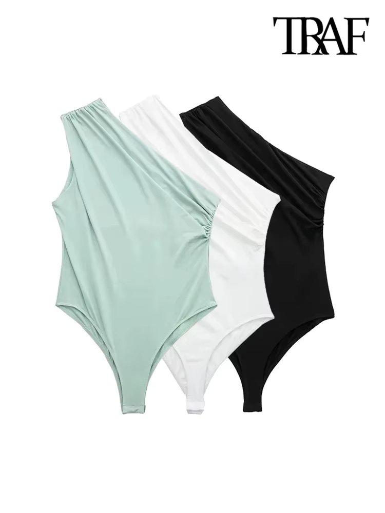 TRAF-Women's Ruched Asymmetric Bodysuits, One Shoulder, Wide Straps, Snap-Button, Female Playsuits, Sexy Fashion