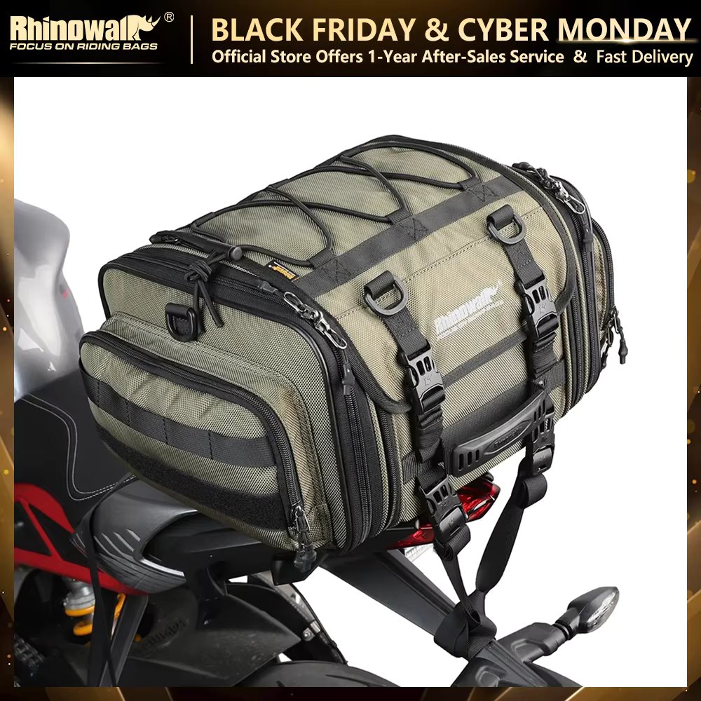Rhinowalk Motorcycle Bag 19L-26L/40l-60L Waterproof PVC Tail Bag Saddle Luggage Big Capacity Expandable Back Seat Pannier Bag