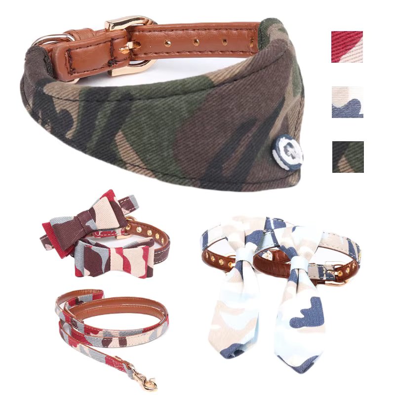 Camouflage Dog Collar Leash Small Pet Cat Bandana Bow Tie Cute Leather Collier Chain Cute for Big DogsTeddy Chihuahua Personized