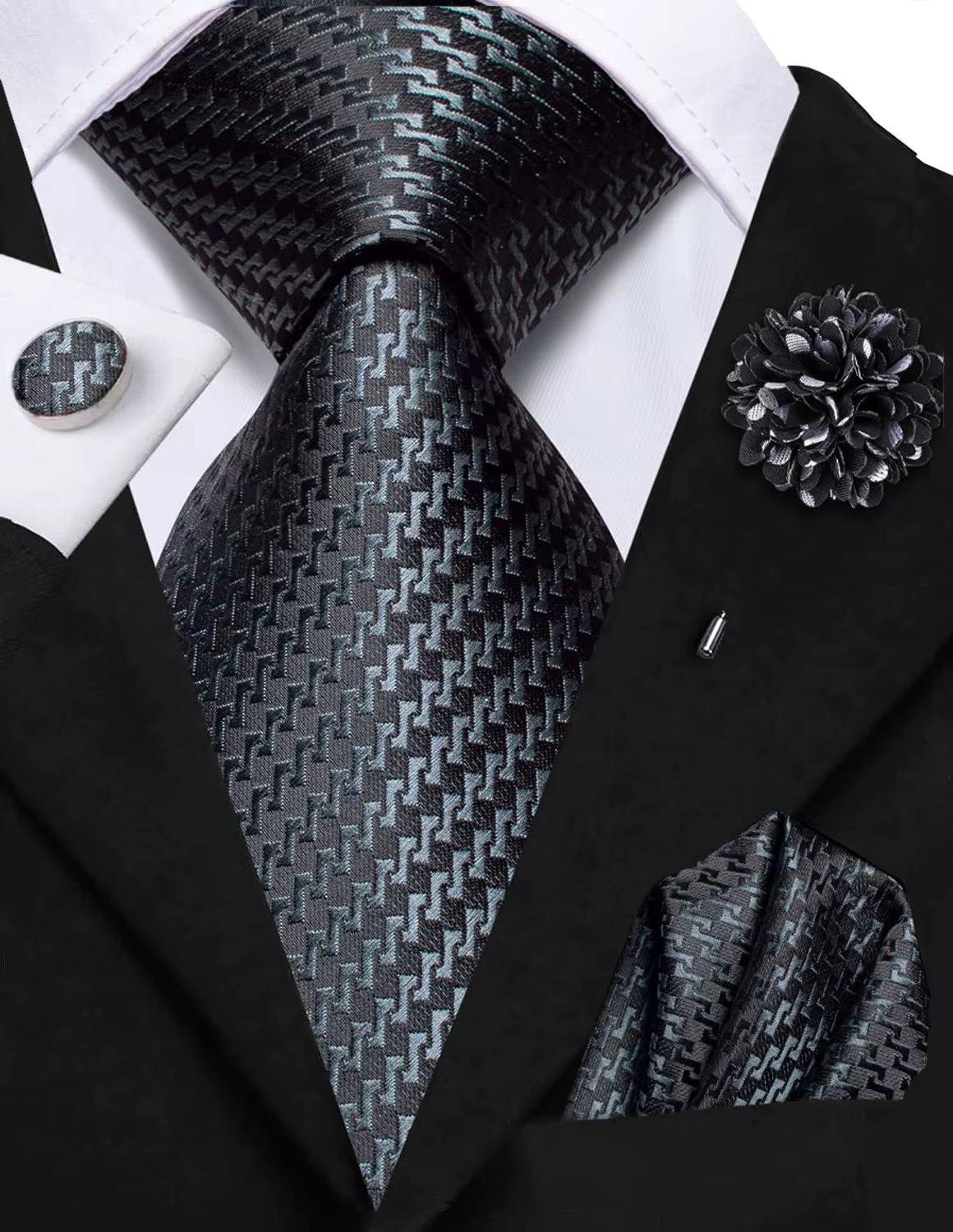Grey Striped Silk Business Tie For Men Handky Cufflink Brooch Men Necktie Fashion Designer Wedding Party Dropship Hi-Tie