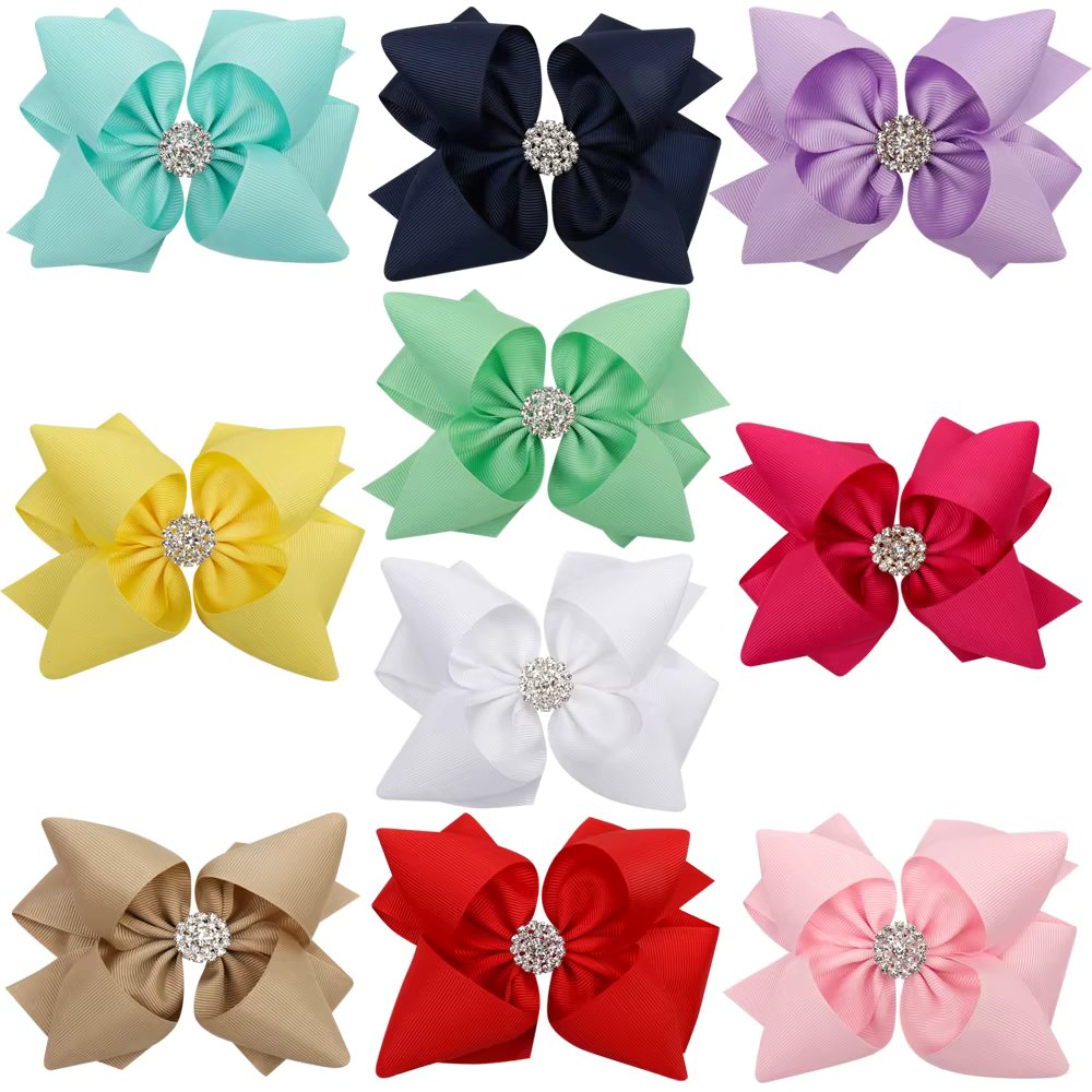 ncmama Solid Ribbon Stacked Hair Bows for Girls with Rhinestone Handmade Bow Hair Clips Princess Style Girls Hair Accessories