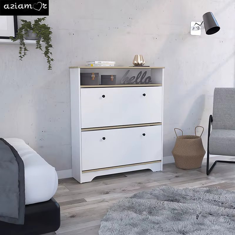 Calgary Shoe Rack, Superior Top, One Open Shelf, Two Extendable Shelves -Light Oak / White