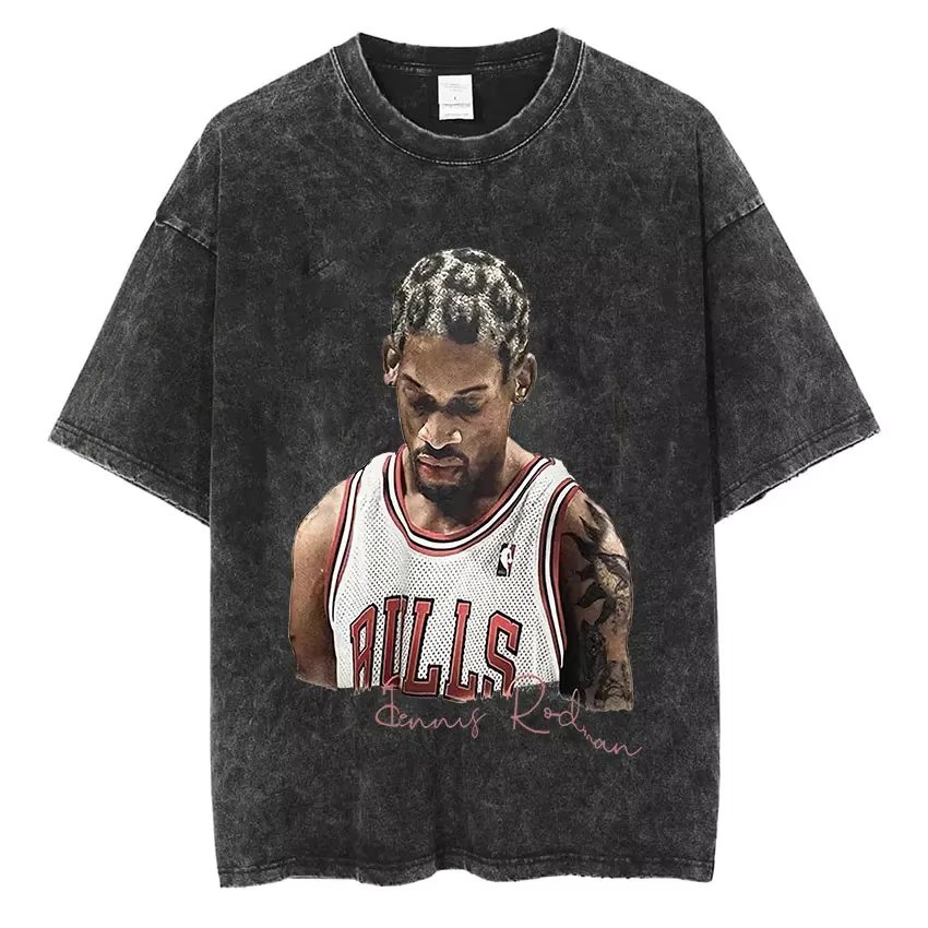 Dennis Rodman Basketball Graphic T-Shirt Men's Vintage Washed Short Sleeve T-shirts Y2k Men Hip Hop Oversized T Shirt Streetwear
