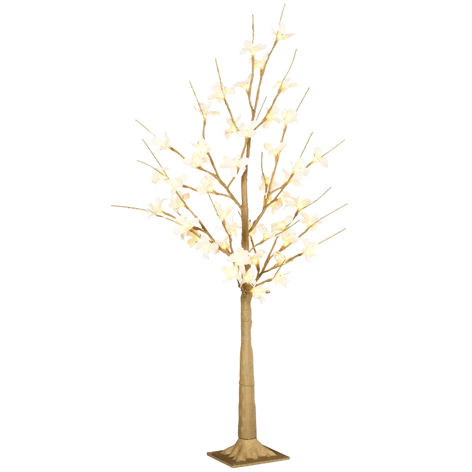 HOMCOM Cherry Blossom Tree Height 120 cm with 48 LED Lights IP44 Warm White Flexible Branches and Base Tree Lamp Indoor Christmas Decoration 18x18x120 cm Khaki