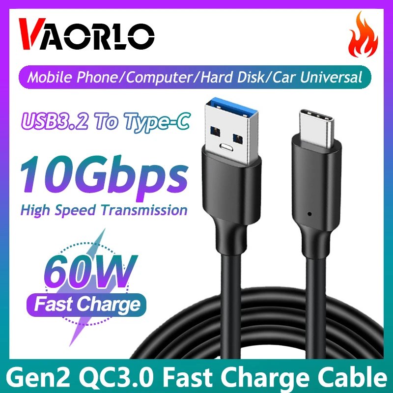 USB3.2 10Gbps Type C Cable USB A to Type-C 3.2 Gen2 Cable Data Transfer USB C SSD Hard Disk Wire 3A PD 60W QC 3.0 Fast Charging