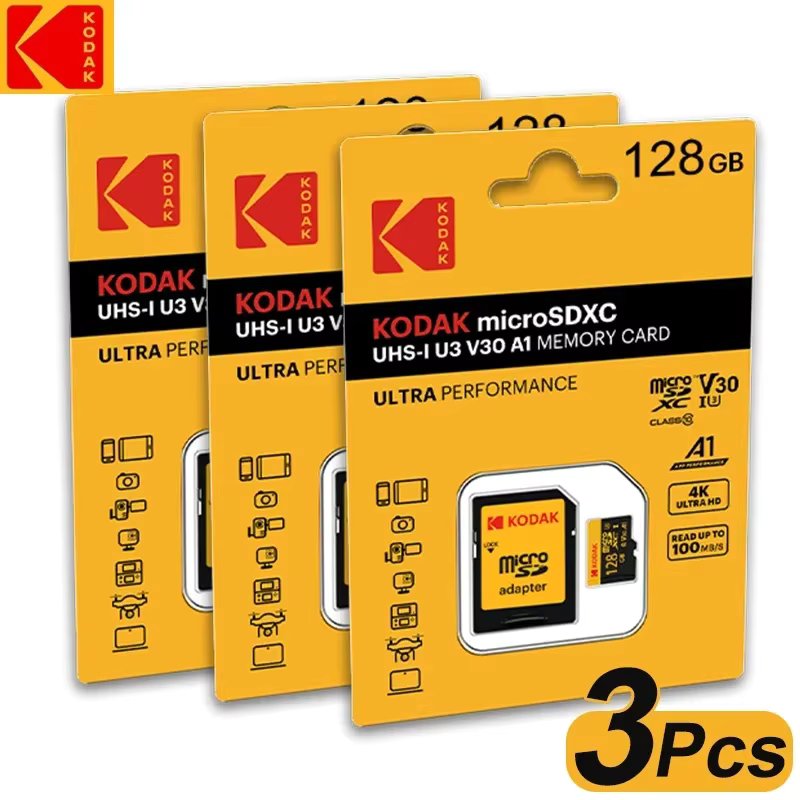 3Pcs Kodak SD Card 128GB SD/TF Flash Card Mini Sd Cards With Free SD Adapter Flash Memory Card Class10 V30 U3 For Camera Laptop