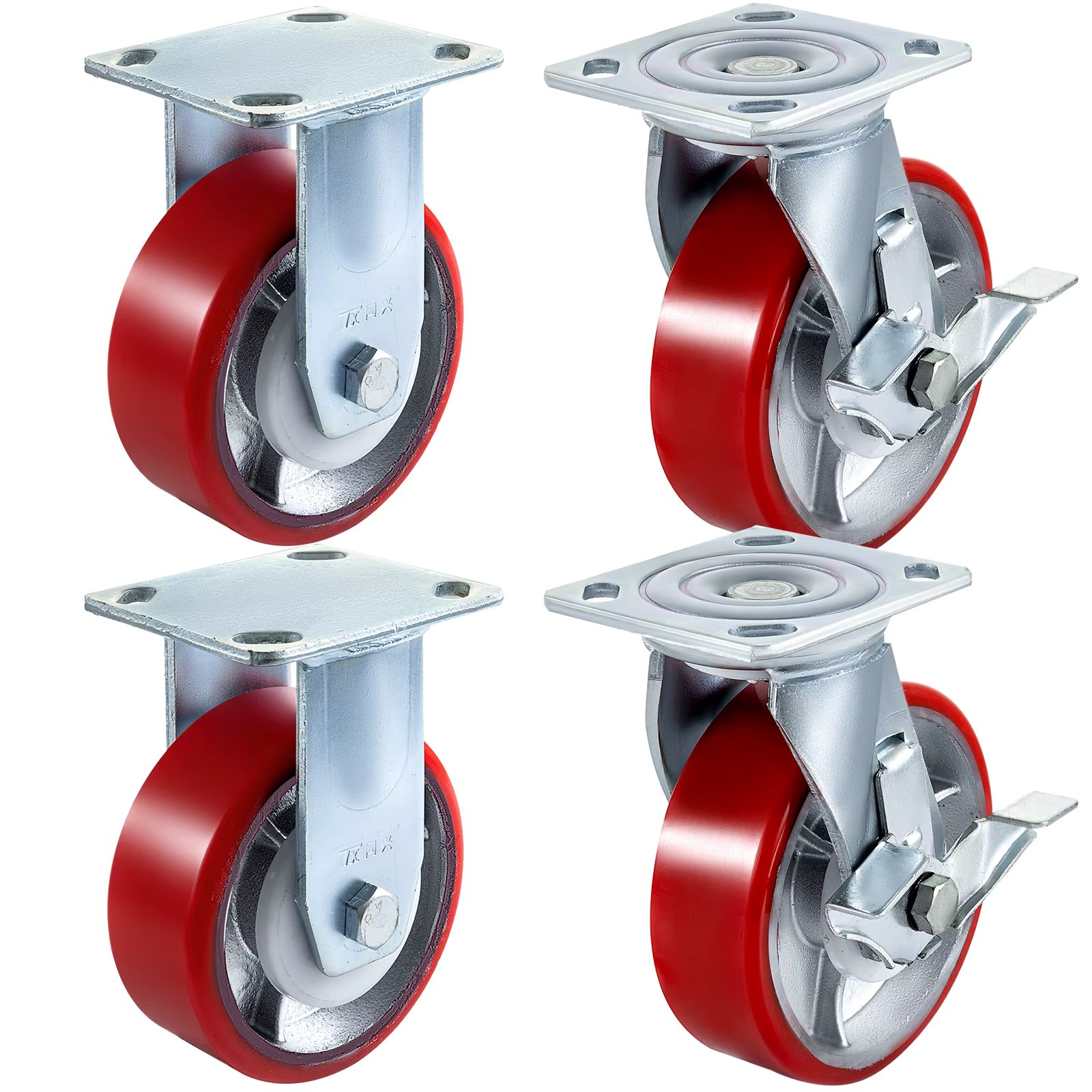 VEVOR 4 Pack 6" x 2" Heavy Duty Iron Core Polyurethane 2 Rigid and 2 Swivel Casters  With Side Brake 1000LBS Capacity Per Wheel
