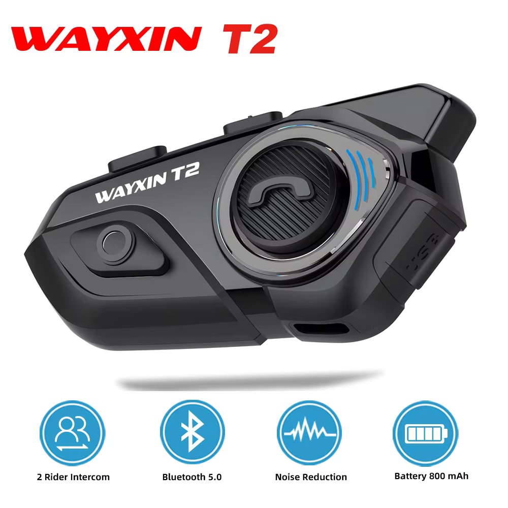 WAYXIN T2 Helmet Headset Motorcycle Bluetooth Intercom For 2 Riders Intercomunicador Motos Interphone BT 5.0 Waterproof Biker