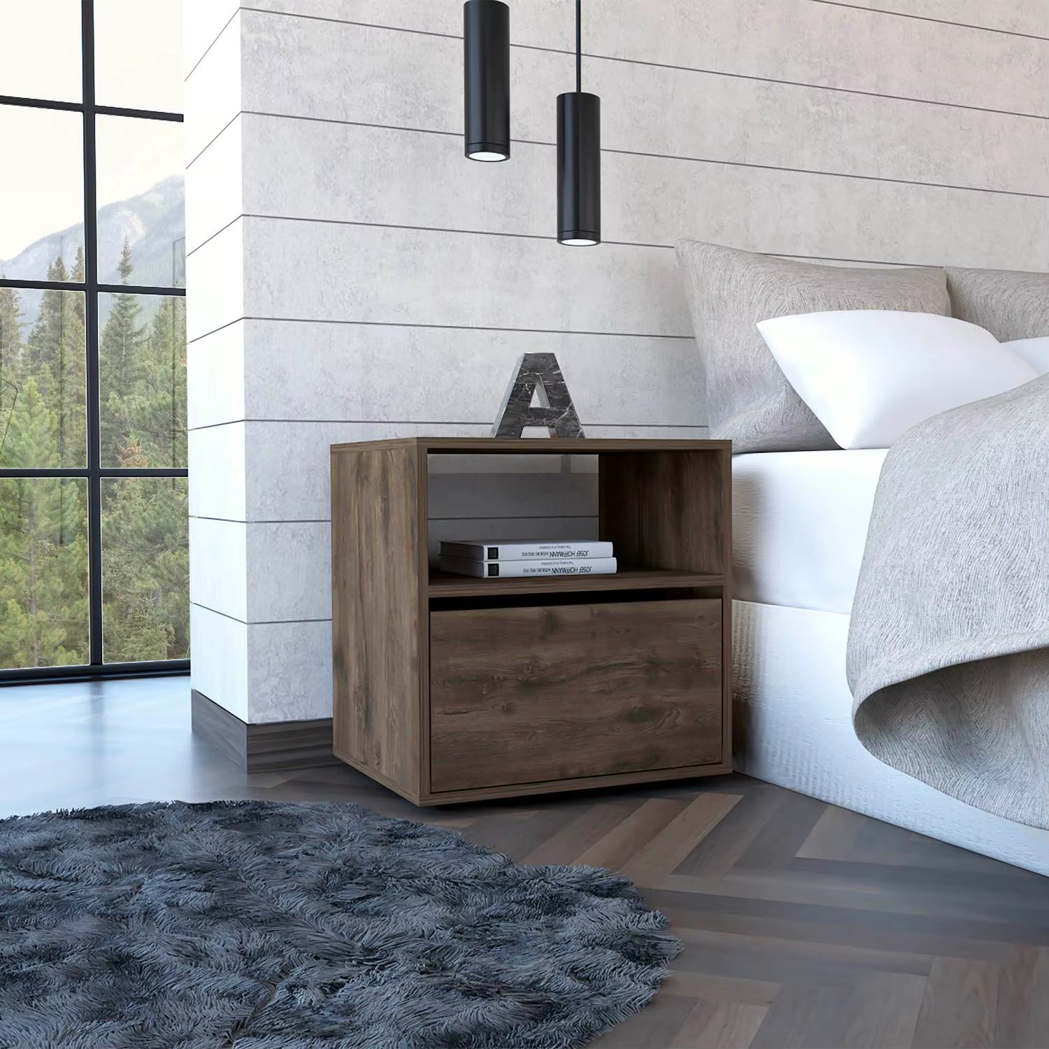 Galanto Nightstand, One Open Shelf, One Cabinet Dark Brown / Black