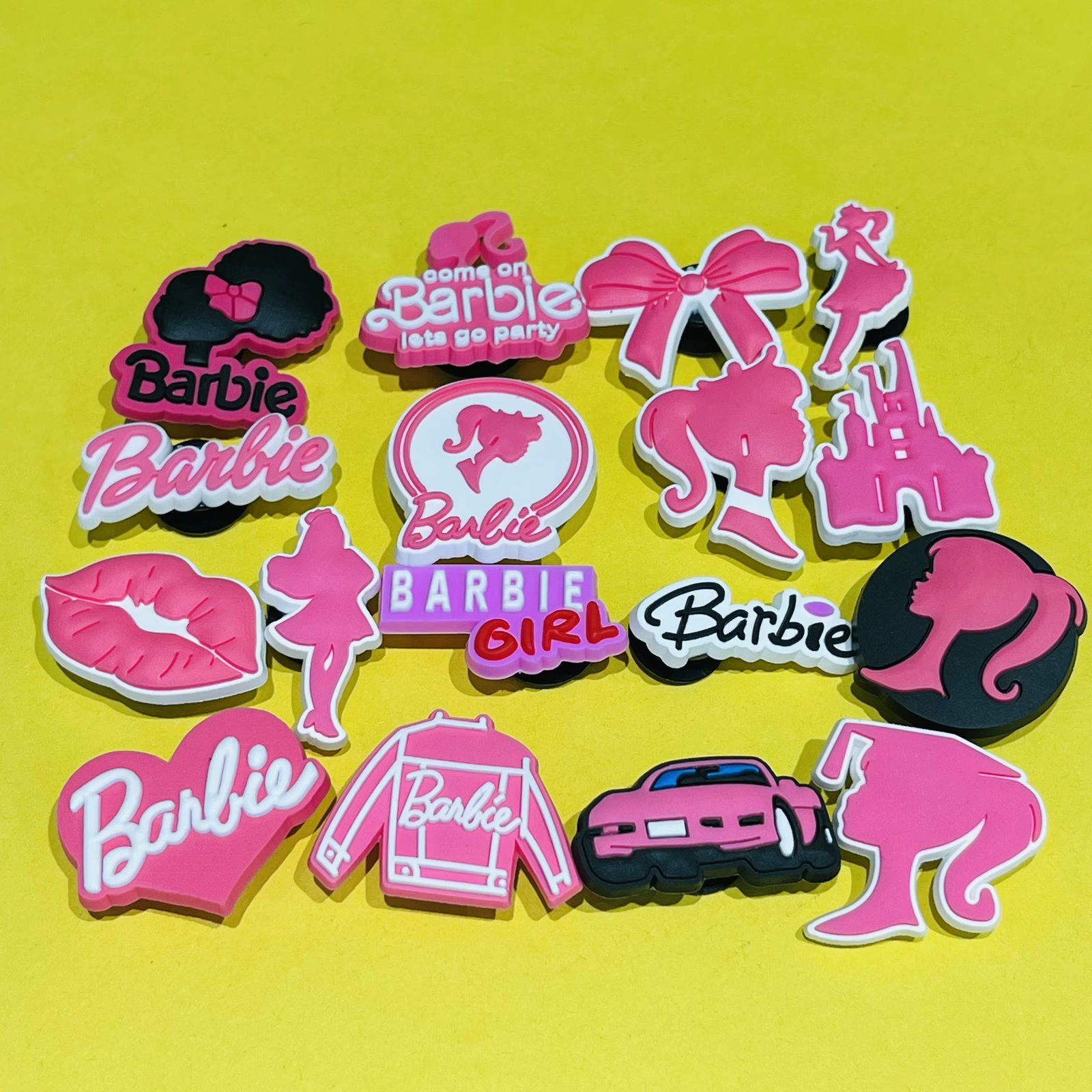 17PCS Cartoon Miniso Disney Barbie Girl Car Coat Bow Lips PVC Shoe Charms For Clog Pins Children Adorable Decoration Party Gift