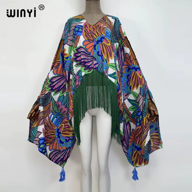 Europe Beach Cover Up Swimwear holiday fashion print WINYI Maxi women's beach evening party dress tassels jacket party dress