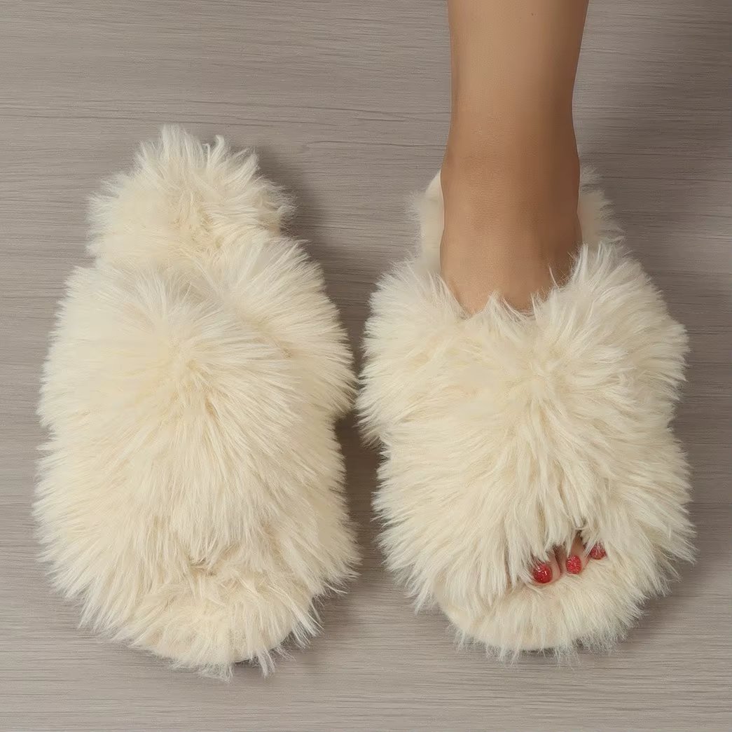 Luxury Women Fashion Home Slippers 2025 New Female Flip Flops Fluffy Shoes Cross Design Slides Ladies Soft Warm Plush Slipper