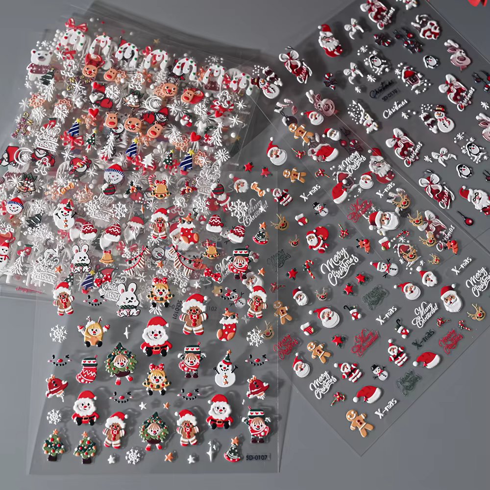 5D Embossed Santa Claus Gingerbread Man Elk Nail Art Stickers Christmas Cartoon Bear Snowman Tree Sliders New Year Xmas Decals