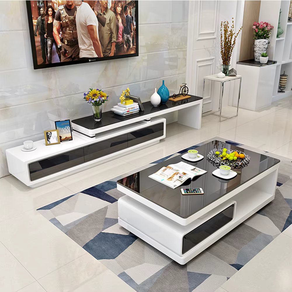 MANBAS Modern  Shiny White / Black TV Stand & Smart Coffee Table, TV Cabinet & Center Table for Living Room Home Furniture