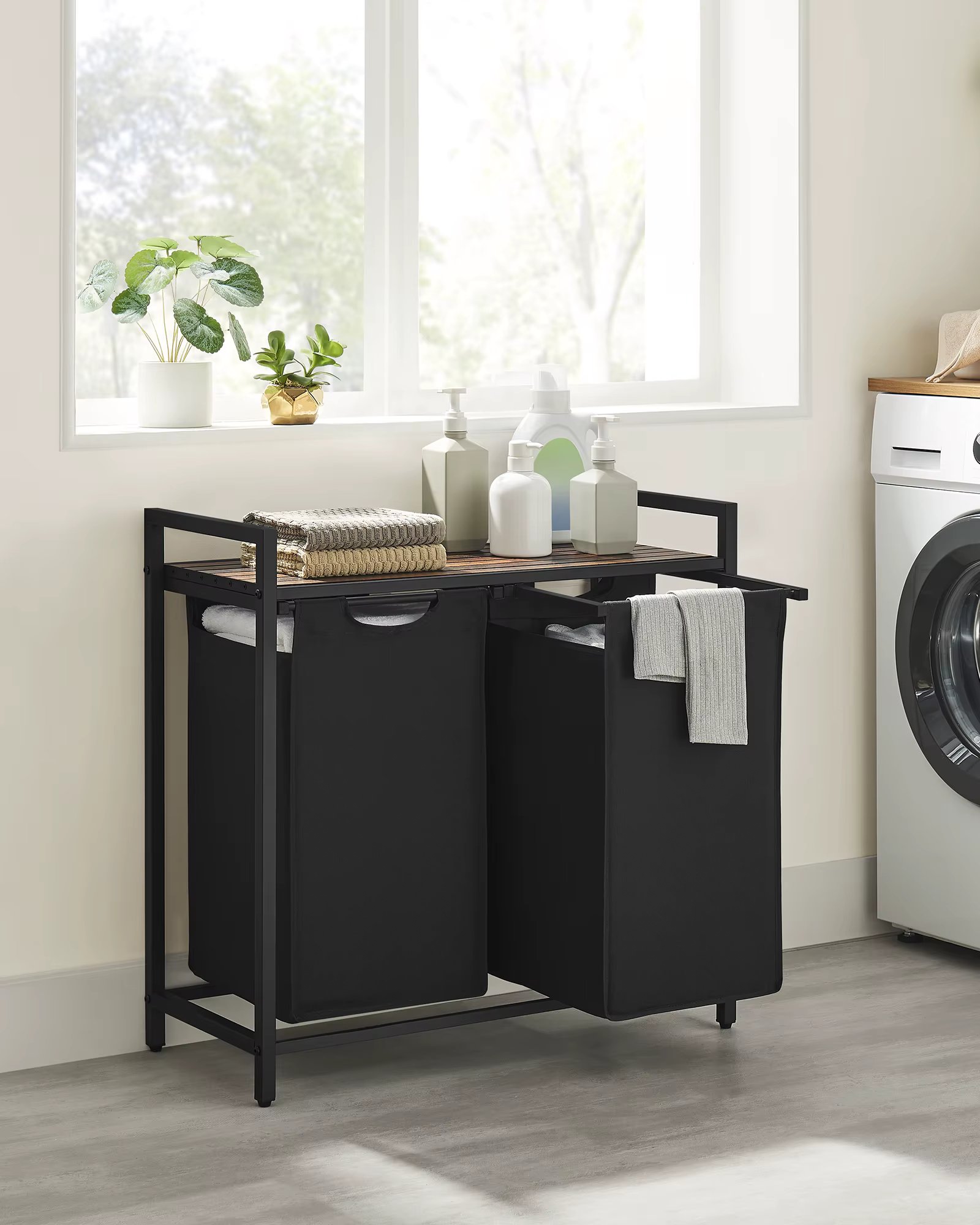 VASAGLE laundry basket 2 hand fan Laundry Collector with Storage, Laundry Box, Oxford Fabric Laundry Bag Extendable Detachable Metal Frame