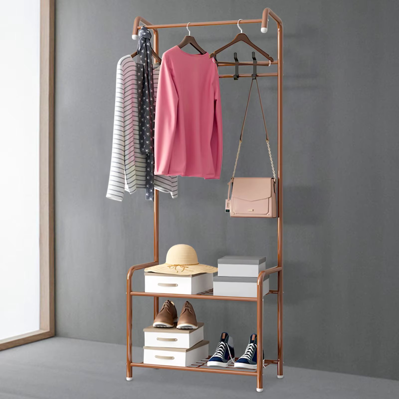 Freestanding Bedroom Coat Clothes Stand Storage Organization Rack w/ Hoo For Coats Shoe Rac Bags And Hats