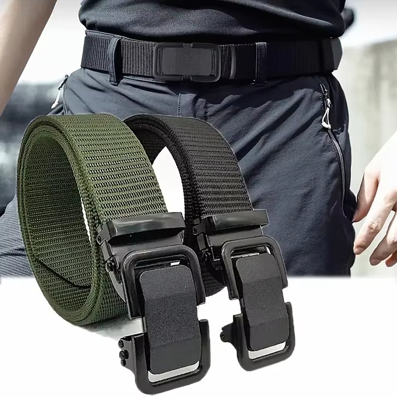 Men's Belt Automatic Metal Buckle Nylon Canvas Webbing Belt Outdoor Work Belt, Nylon Belt With Click Buckle