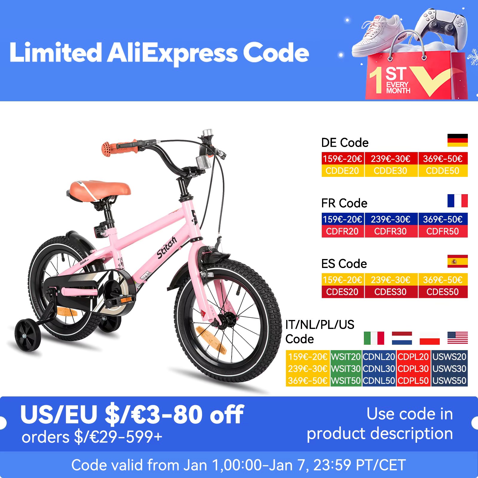 STITCH Kinderfahrrad für 3-9 Jahre Mädchen & Jungen, 14/16/18 Zoll Kinderfahrrad mit Stabilisatoren & Handbremsen