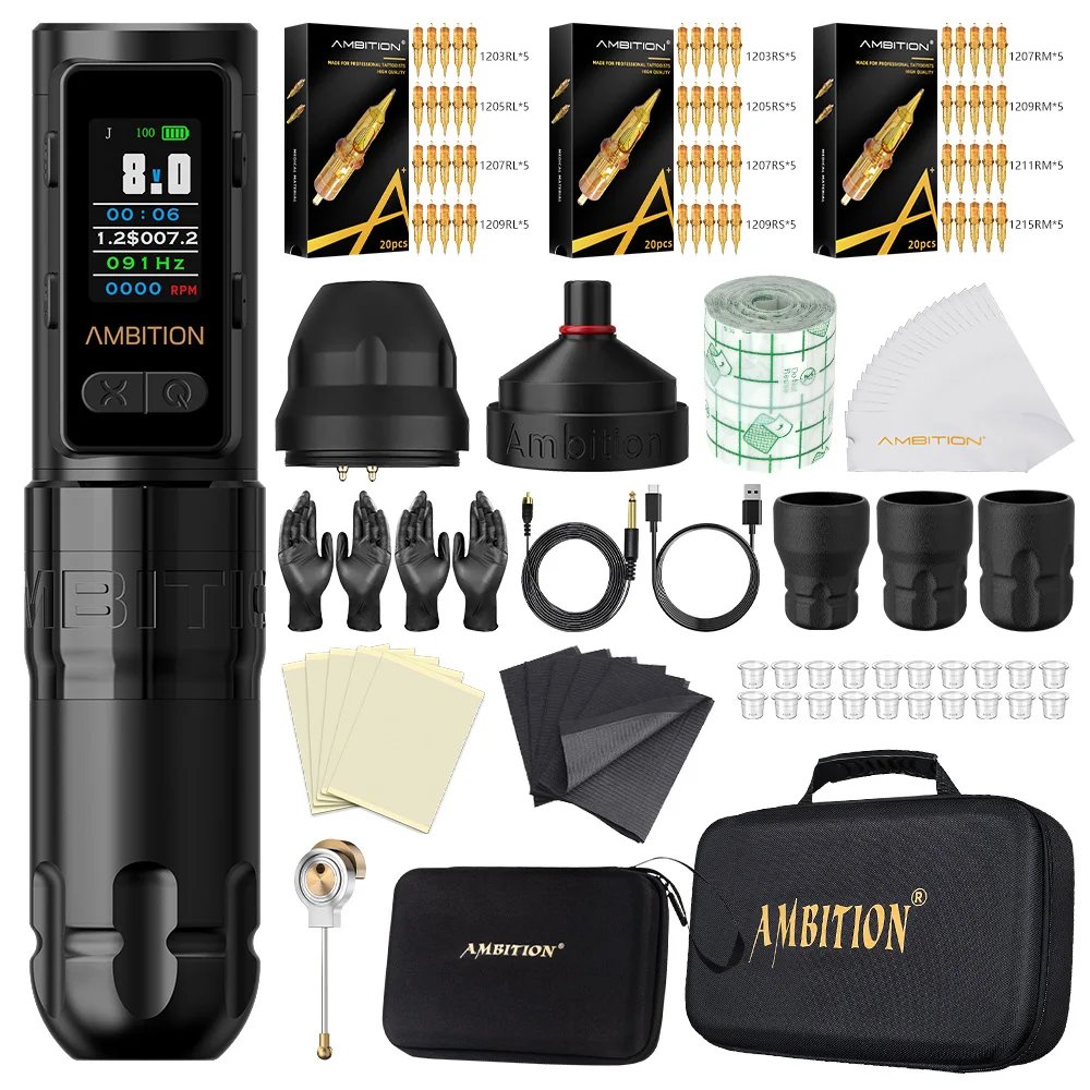 Ambition Soldier Max Kit Wireless Tattoo Machine Straight Rod Stroke 4.0mm Color Screen Billing Battery 2400mAh Coreless Motor