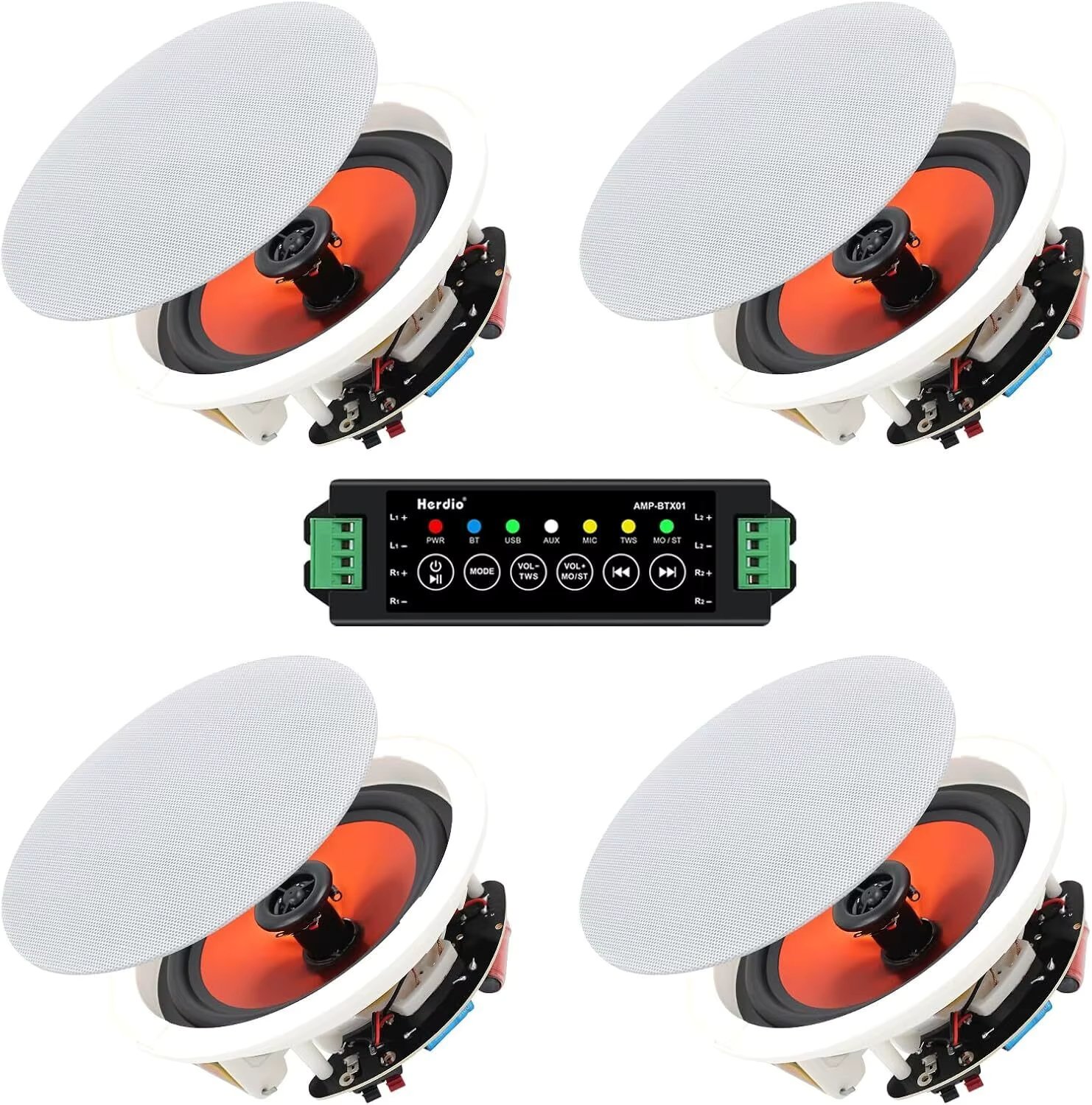 Herdio 4PCS 6.5" 4PCS Bluetooth In Ceiling Speakers 600W 2-Way Flush Mount Speakers System With Wall Amplifier Receiver For Home