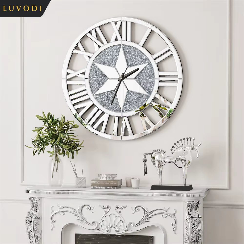 LUVODI Round Wall Clock Mirror Decorative Silver Glass Mirrors with Roman Numerals Crush Diamond Clocks Battery Operated