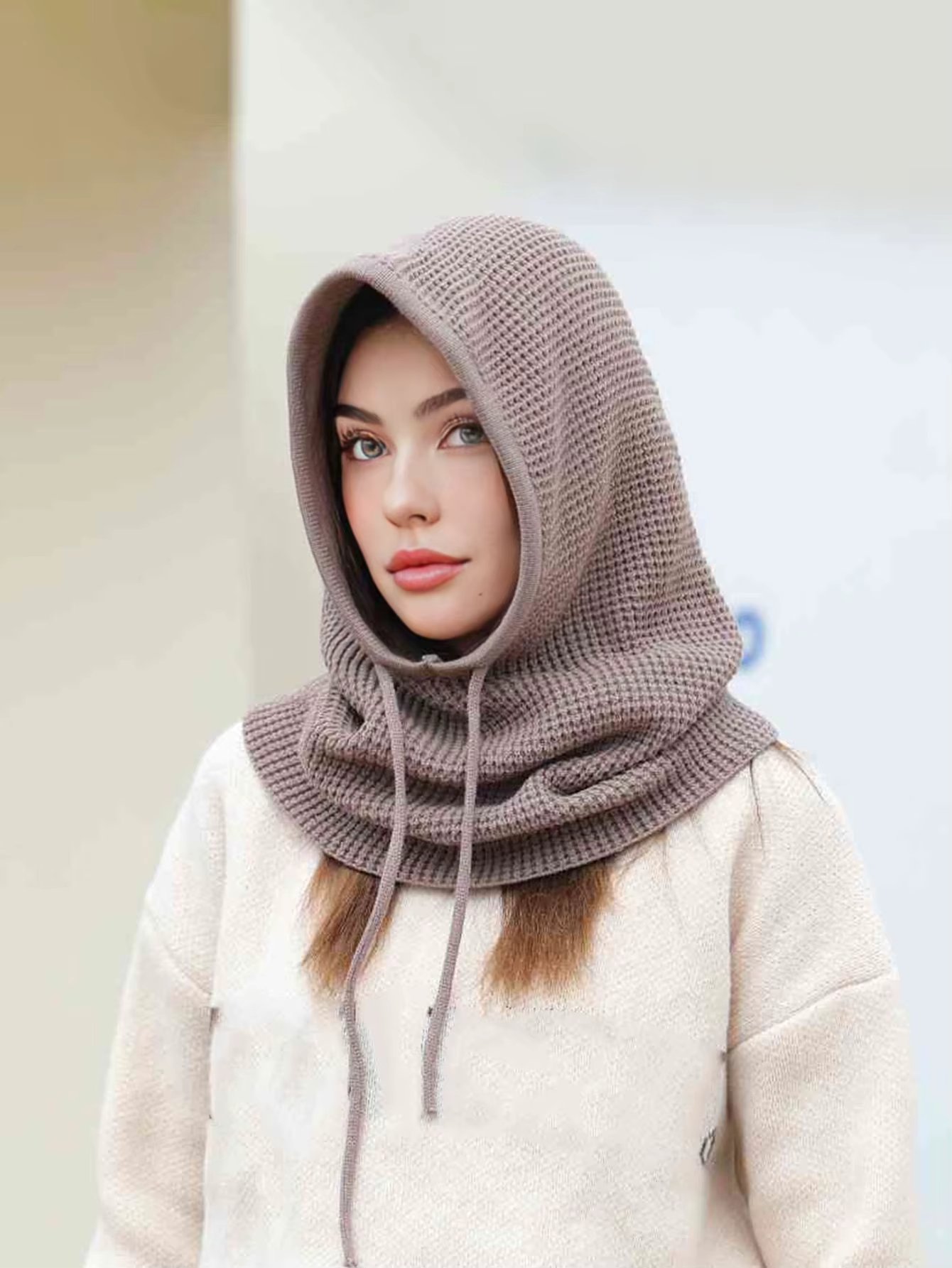 A Women Winter Beanie Hats One-Piece Knit Balaclavas Mask  Neck Circle Scarf Ski Snow Hat