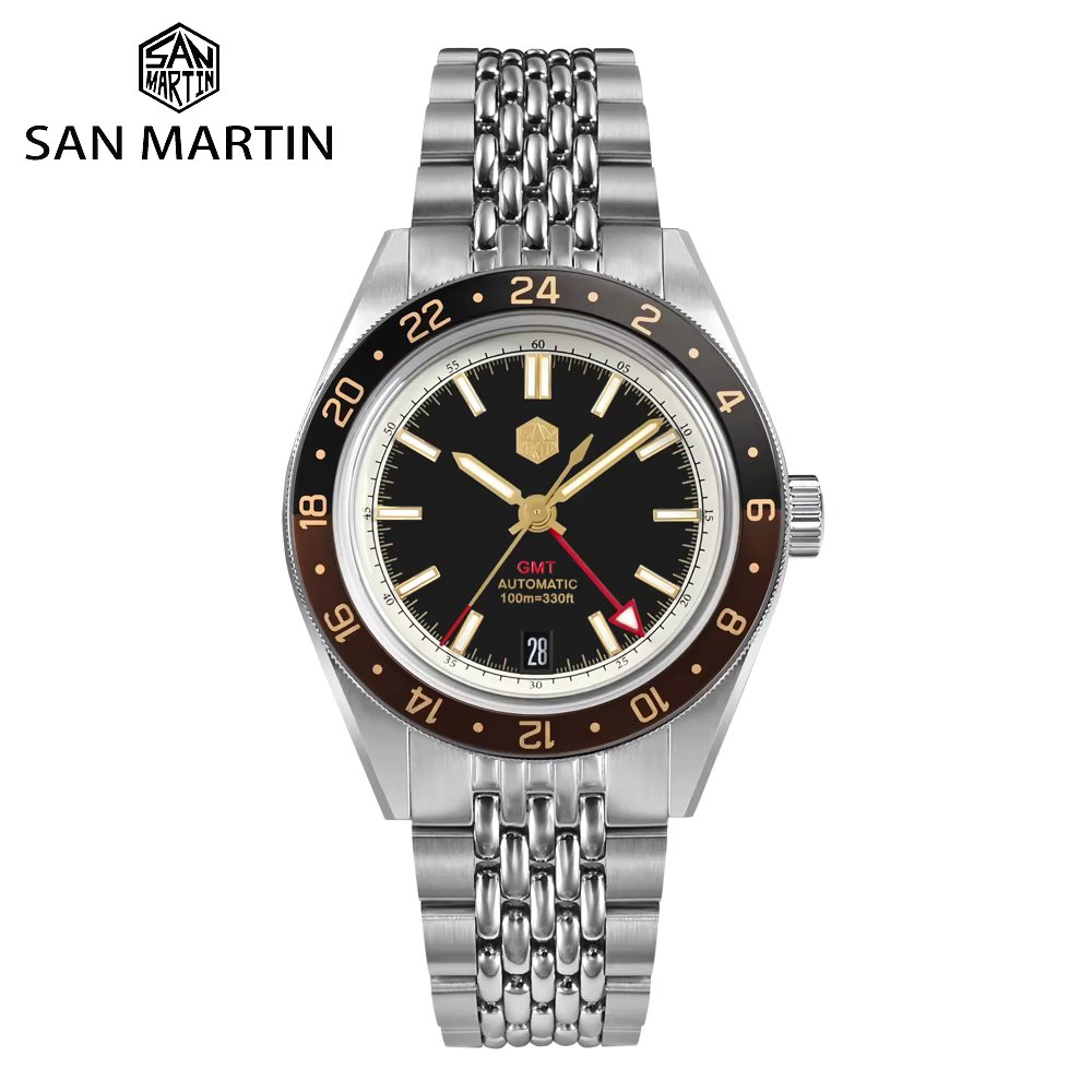 San Martin Watch Design 39.5mm NH34 Luxury GMT Aluminum Bezel Automatic Mechanical Watches for Men Sapphire 100m Luminous SN0116