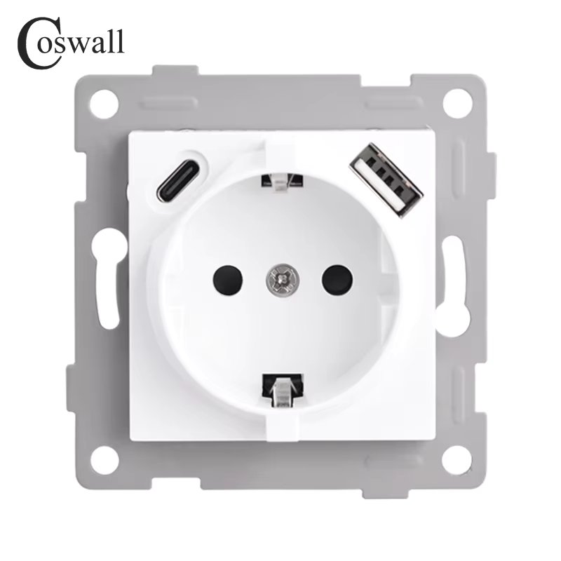 COSWALL H Series White / Black Wall EU Standard Schuko Socket Dual USB Type-C Charging Module DIY
