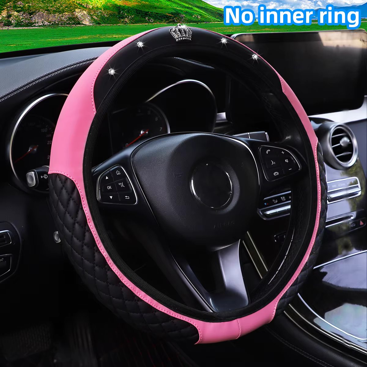 1 PU embroidered crown set with artificial diamond Blingbling leather steering wheel cover without inner ring fits 14.5-15 inche