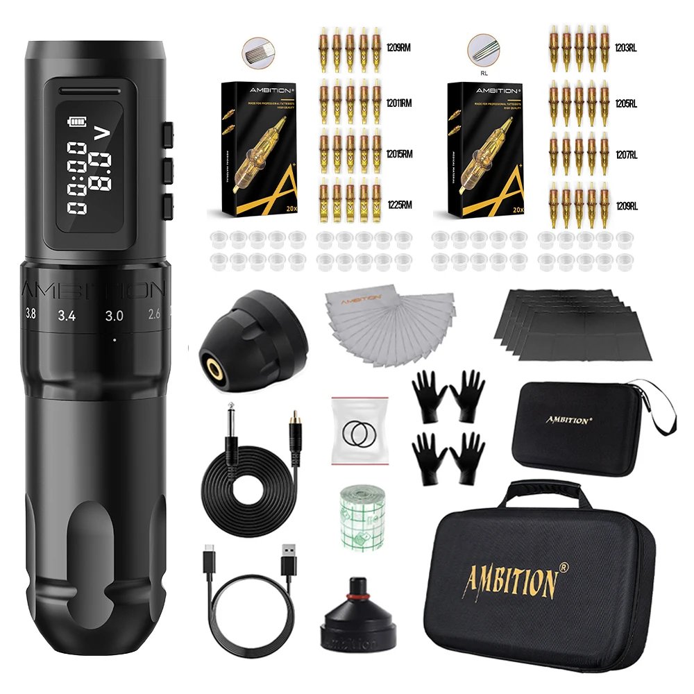 Ambition MARS-U Tattoo Machine Kit Wireless Battery Tattoo Pen Adjustable Stroke 2.2-4.2mm Professional Coreless Motor 1800mAh