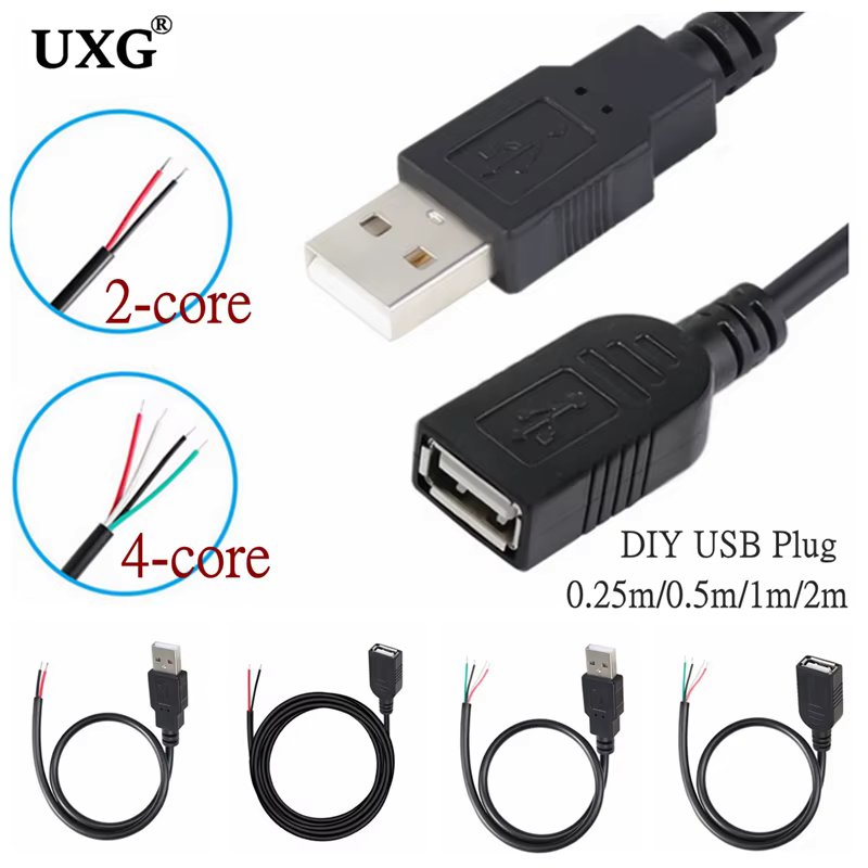 DIY 5V Power Supply Cable 2 Pin USB 2.0 Female male 4 pin wire Jack Charger charging Cord Extension Connector 0.25m 0.5m 1m 2m